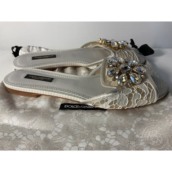 Dolce & Gabbana White Slipper In Lace With Crystals Size 7.5 - Picture 2 of 4